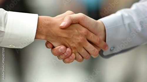 handshake, business agreement, partnership, collaboration, trust, support Two hands shaking, symbolizing agreement and partnership, on a blurred background representing a professional environment