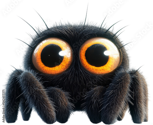 Cute furry spider with big orange eyes, close-up. Adorable and charming creature concept
