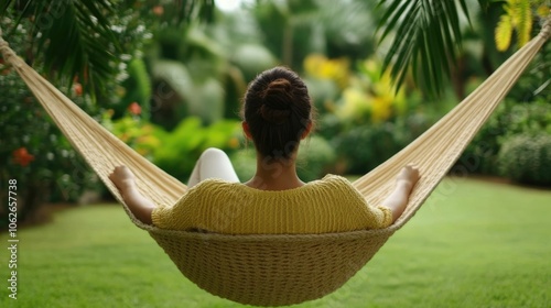 Wallpaper Mural Woman relaxing in a hammock completely at peace surrounded by the lush greenery and shade of a tranquil garden paradise  A serene and idyllic scene of rest and solace Torontodigital.ca