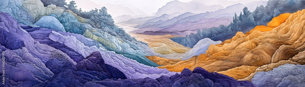 Fototapeta premium Abstract Painting of a Mountain Range with Blue, Purple, and Gold Tones