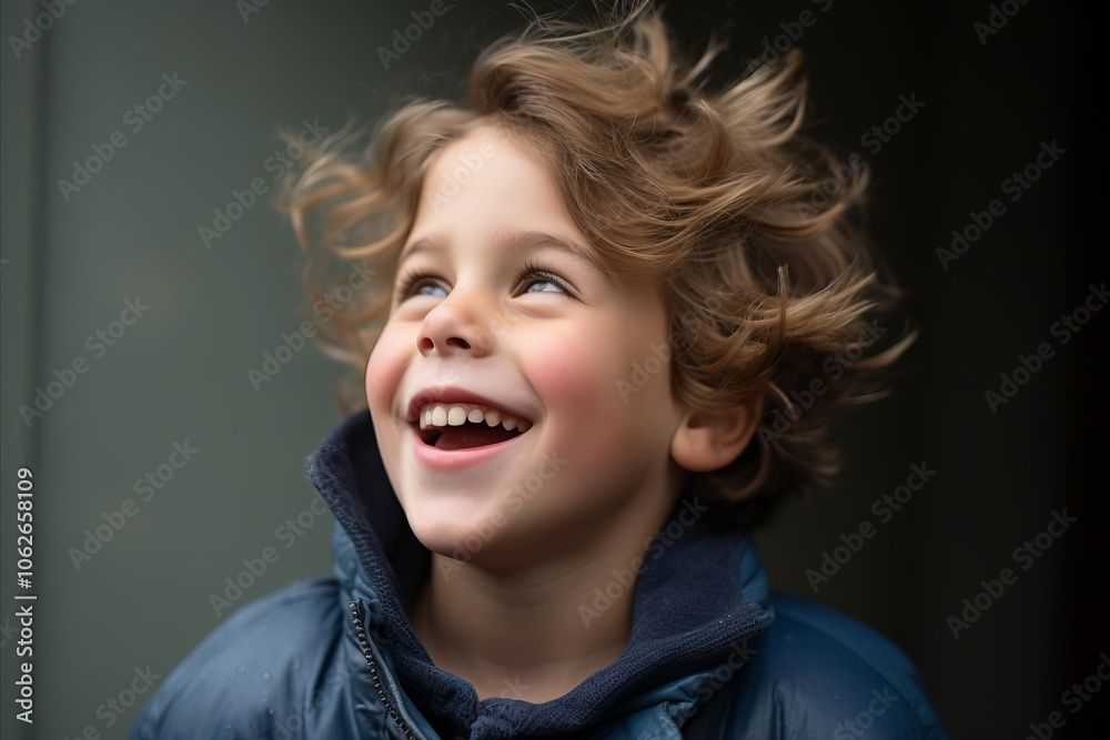 Portrait of a cute little boy with blond curly hair and blue jacket Portrait of a cute little boy with blond curly hair and blue jacket