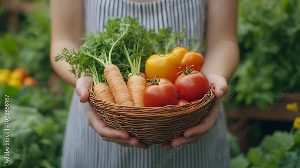 Fototapeta premium Female gardener holding a basket of fresh vegetables, showcasing vibrant colors.