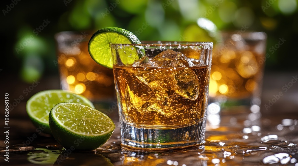 Refreshing drinks with lime and ice on a glistening surface. Refreshing drinks with lime and ice on a glistening surface.