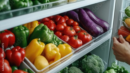 Vibrant Assortment of Healthy Fruits Vegetables and Other Produce Neatly Organized on Shelves Inside an Open Refrigerator Depicting Balanced Nutrition and Culinary Potential