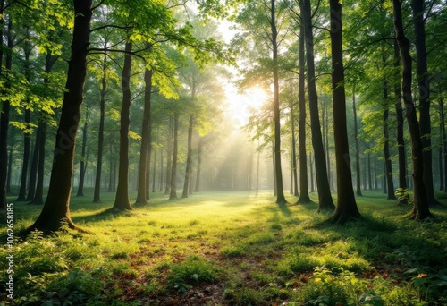 Sunlight Filters Through Trees in Serene Forest Landscape Creating a Peaceful Atmosphere