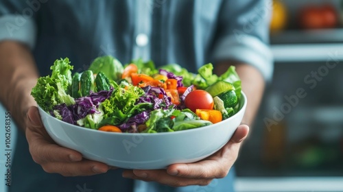 Close up of man s hands reaching into refrigerator to retrieve a bowl filled with fresh vibrant vegetables and greens for a healthy nourishing meal  Concept of clean eating balanced diet photo