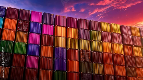 Colorful Shipping Containers at Sunset, cargo containers, freight containers, intermodal containers, logistics, transportation photo