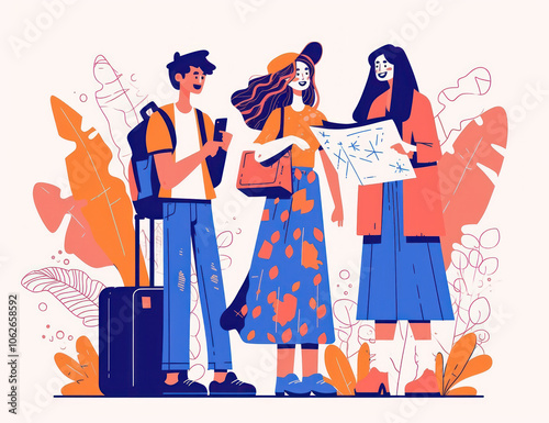 Illustration of Three Friends Traveling Together