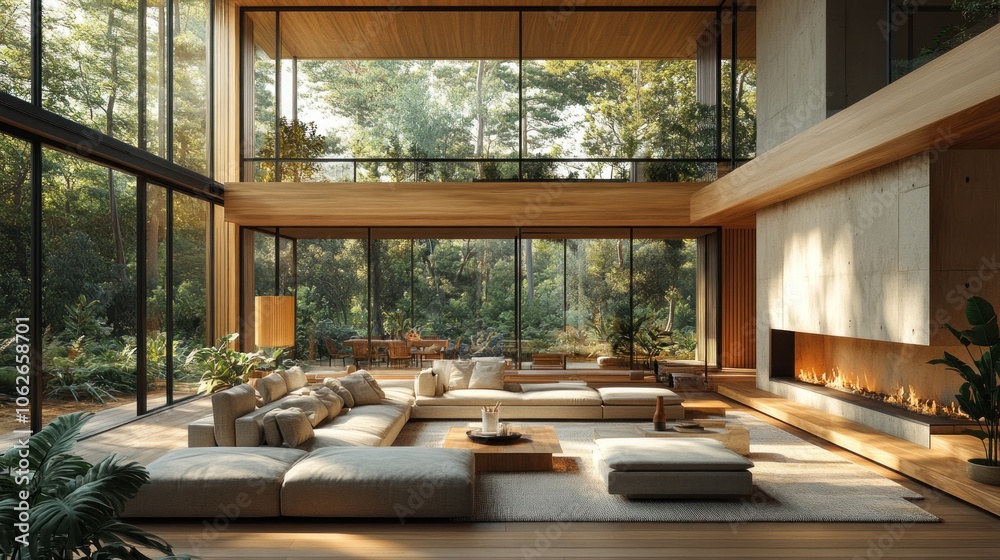 Fototapeta premium Modern House with Large Windows and a Fireplace