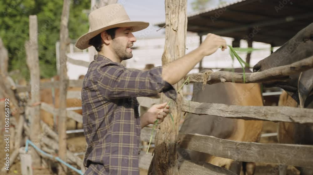 Portrait of happy handsome male farmer owner wearing hat standing smiling and holding fresh grass and feeding cows at an animal livestock farm in the countryside. Young farm worker working in cowshed. Portrait of happy handsome male farmer owner wearing hat standing smiling and holding fresh grass and feeding cows at an animal livestock farm in the countryside. Young farm worker working in cowshed.