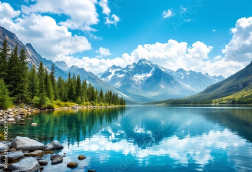 Nature Reflects in Serene Mountain Lake Under Clear Blue Sky