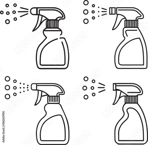 spray bottle line drawing with trigger nozzle and spray dots