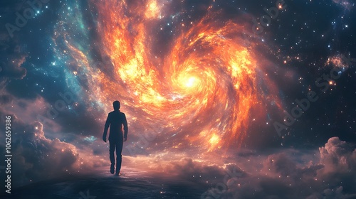 Silhouette of a man gazing at a vibrant cosmic swirl of stars and colors.