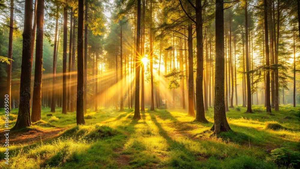 Fototapeta premium A serene forest with a golden light filtering through the trees at dawn, landscape, peaceful