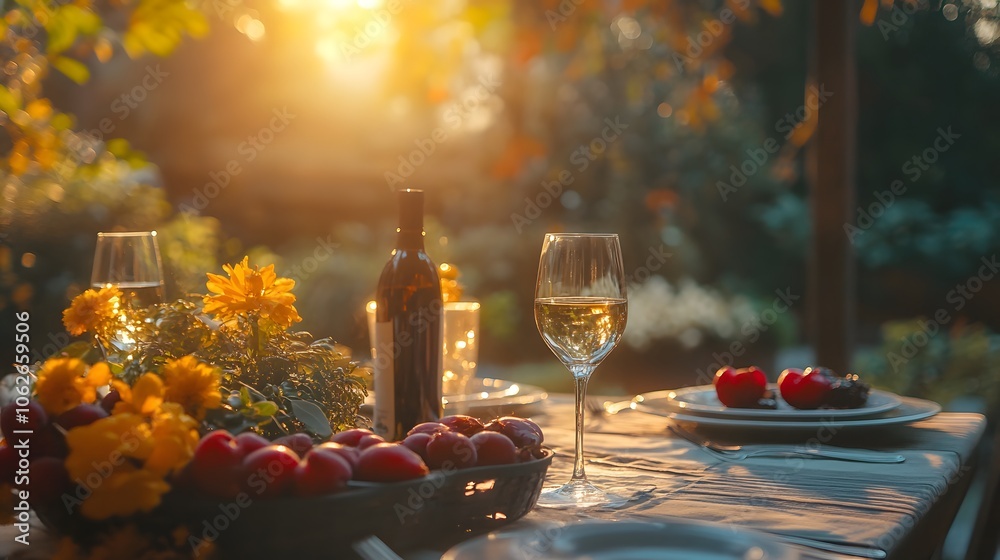 Elegant outdoor dining setup with wine, fruits, and warm evening light. Elegant outdoor dining setup with wine, fruits, and warm evening light.