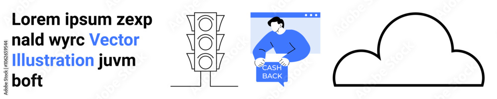 A grayscale traffic light, person holding a cashback sign in blue, and a minimalist cloud outline. Ideal for web design, marketing, infographics, presentations, mobile apps, social media, and digital A grayscale traffic light, person holding a cashback sign in blue, and a minimalist cloud outline. Ideal for web design, marketing, infographics, presentations, mobile apps, social media, and digital