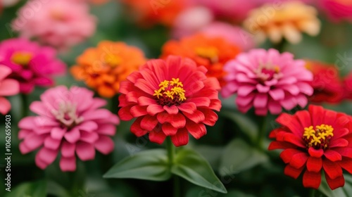Vibrant zinnia garden bed filled with a striking color contrast of red pink and orange flowers creating a lush natural background with a deep depth of field