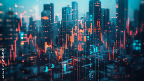 Wallpaper Mural A city skyline with digital market graphs displayed at dusk, showcasing financial trends and data Torontodigital.ca