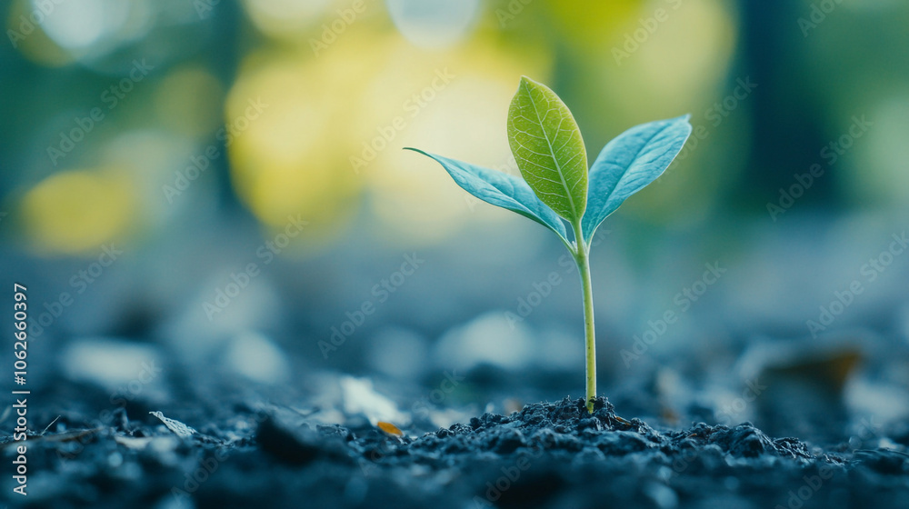 Newly sprouted plant emerging from the rich soil in a sunlit forest during early spring Newly sprouted plant emerging from the rich soil in a sunlit forest during early spring