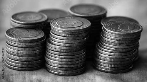 Stacks of metallic coins arranged neatly on a textured surface in a monochrome setting