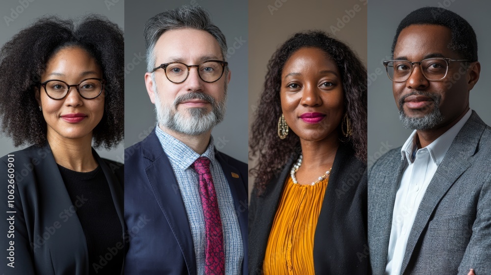 A professional group portrait featuring four individuals, each showcasing unique styles and expressions, highlighting diversity and teamwork. A professional group portrait featuring four individuals, each showcasing unique styles and expressions, highlighting diversity and teamwork.
