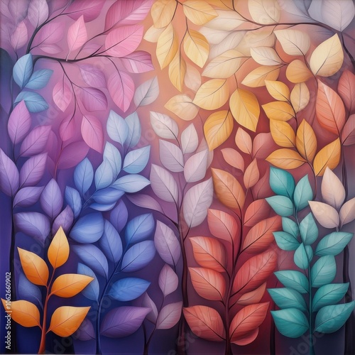 Wallpaper Mural A vibrant and artistic illustration of colorful leaves in various hues, perfect for nature-themed designs and backgrounds. Torontodigital.ca