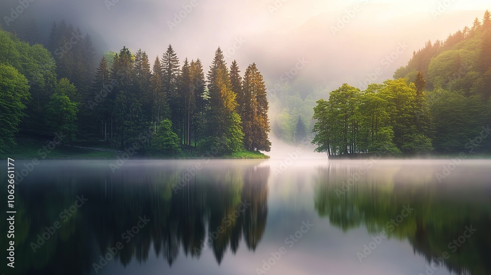 Early Morning Mist Rising Above a Still Lake Surrounded by Lush Green Trees, with Dawn Light Casting a Gentle Glow Early Morning Mist Rising Above a Still Lake Surrounded by Lush Green Trees, with Dawn Light Casting a Gentle Glow