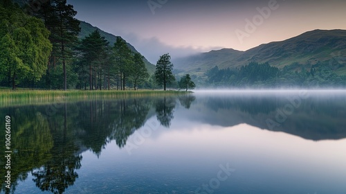 Early Morning Mist Rising Above a Still Lake Surrounded by Lush Green Trees, with Dawn Light Casting a Gentle Glow