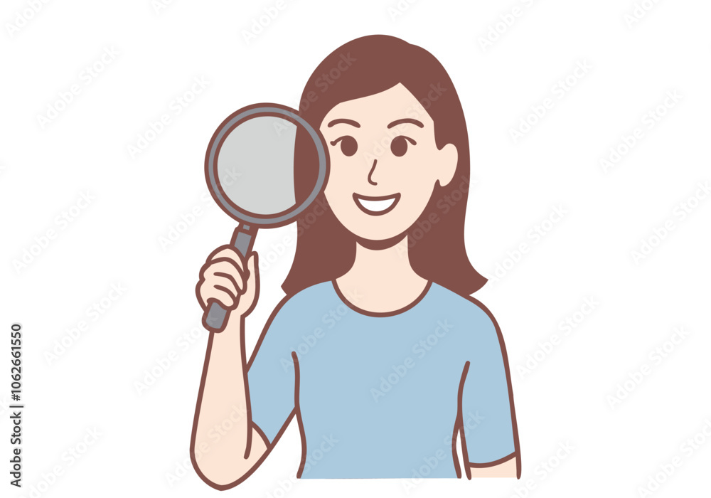 A woman smiling while holding a magnifying glass to her face as if searching or investigating. Hand drawn style vector design illustrations.