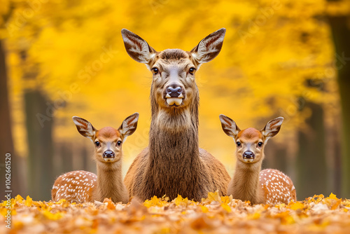 A doe and two fawns in an autumnal forest.