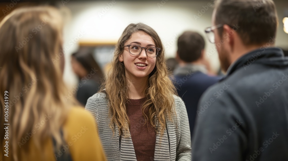 A smiling woman with glasses engages in conversation with others at a social gathering, showcasing a friendly and interactive atmosphere. A smiling woman with glasses engages in conversation with others at a social gathering, showcasing a friendly and interactive atmosphere.