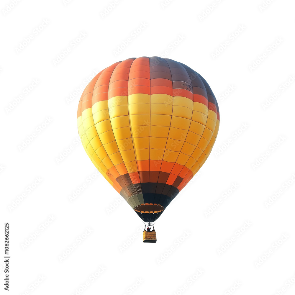Naklejka premium Hot air balloon in vibrant orange and yellow colors flying high against a clear sky during a sunny afternoon