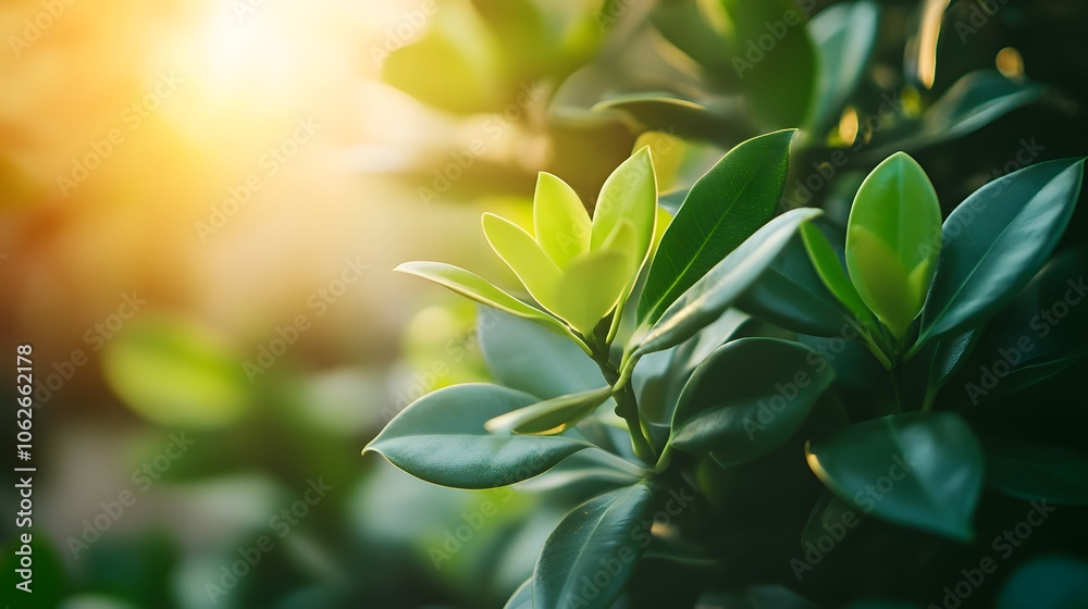Obraz premium Close-up of vibrant green leaves with sunlight filtering through, creating a warm glow.
