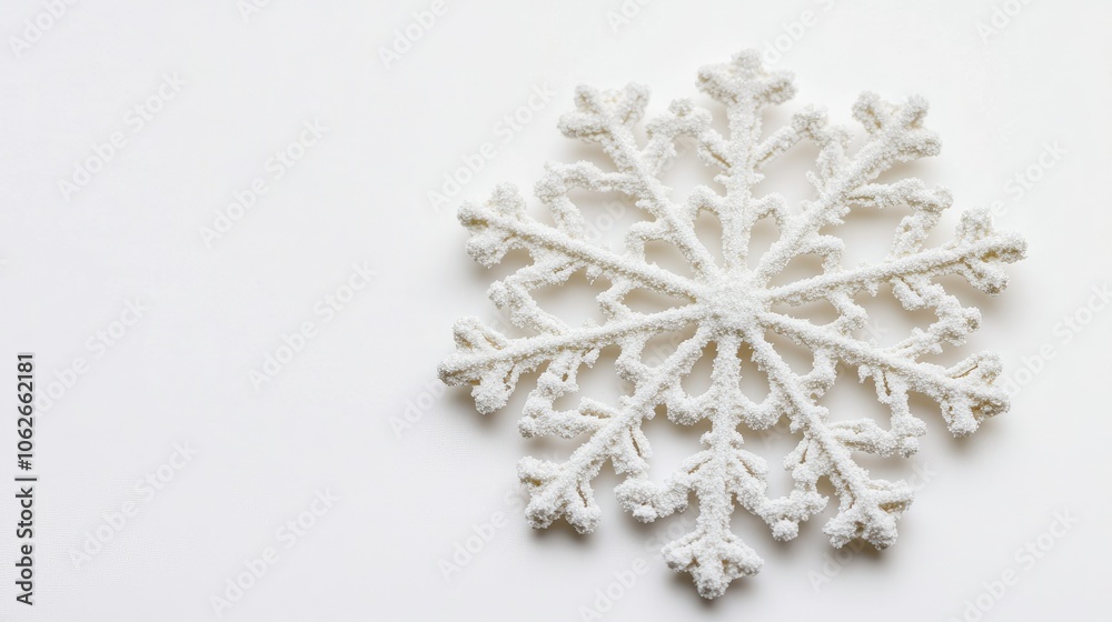 Elegant snowflake details on white background, ample copy space Elegant snowflake details on white background, ample copy space