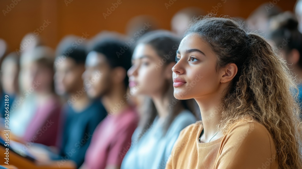 Obraz premium A focused group of diverse young people attentively listening during a presentation in a large indoor space.