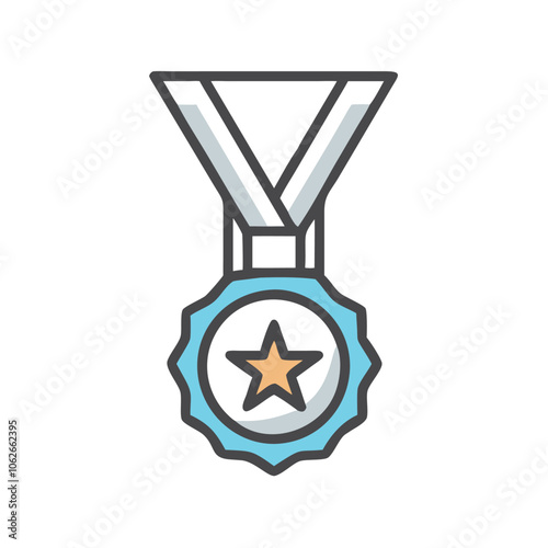 Colorful award medal icon with star, Simple icon of a medal with star and ribbon, symbolizing achievement or recognition, isolated on a white background.