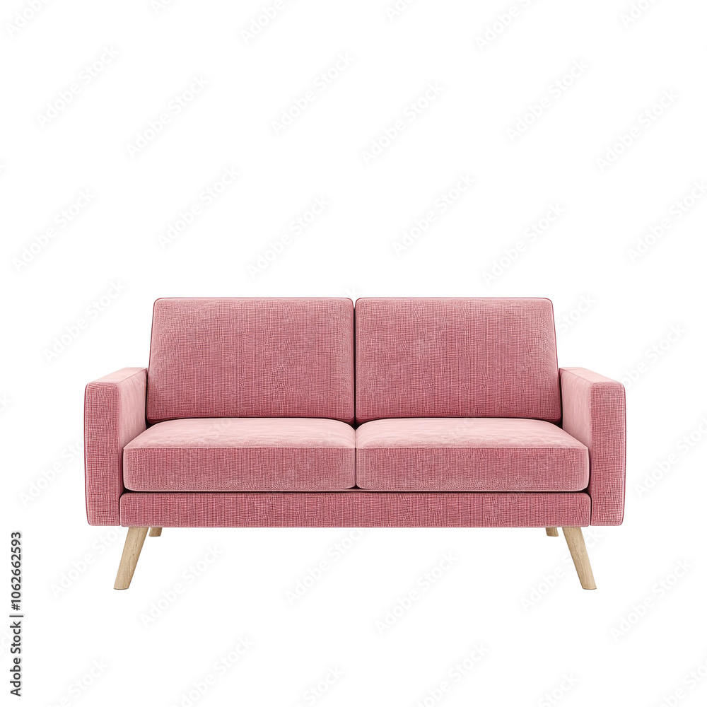 Fototapeta premium Stylish pink two-seater sofa with wooden legs on a transparent background ideal for modern home decor presentations