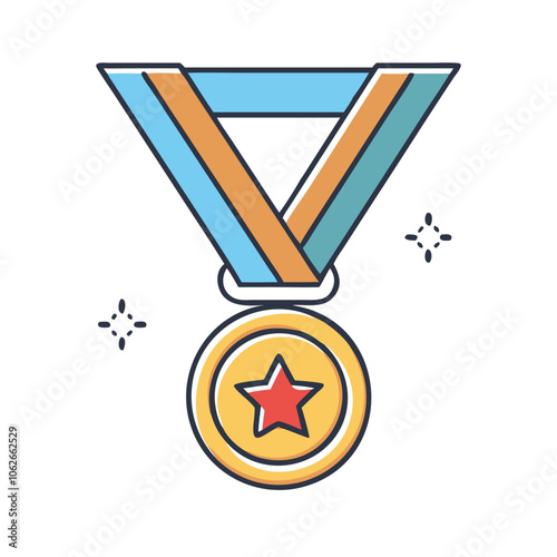 Colorful award medal icon with star, Simple icon of a medal with star and ribbon, symbolizing achievement or recognition, isolated on a white background.