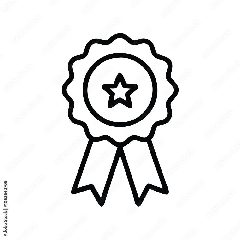 Award ribbon outline icon with star, Black and white outline icon of an award ribbon featuring a star in the center, isolated on a white background. Award ribbon outline icon with star, Black and white outline icon of an award ribbon featuring a star in the center, isolated on a white background.