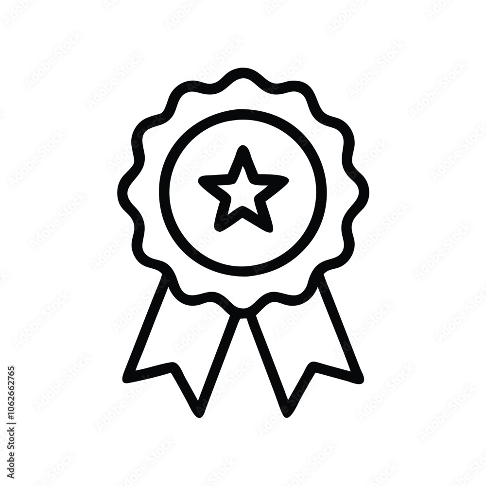 Award ribbon outline icon with star, Black and white outline icon of an award ribbon featuring a star in the center, isolated on a white background. Award ribbon outline icon with star, Black and white outline icon of an award ribbon featuring a star in the center, isolated on a white background.
