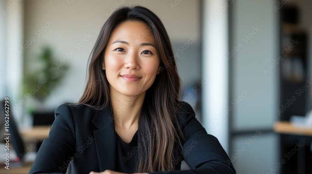 Asian Office Worker Facing Camera in Modern Workspace Asian Office Worker Facing Camera in Modern Workspace