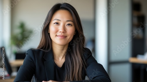 Asian Office Worker Facing Camera in Modern Workspace