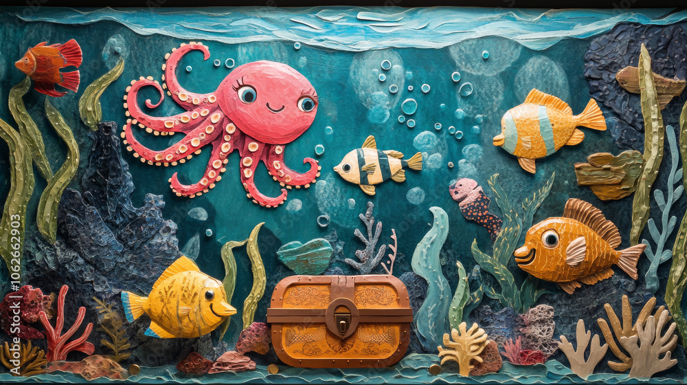 Create a whimsical ocean scene with smiling fish, octopuses, seaweed, and treasure chests. Create a whimsical ocean scene with smiling fish, octopuses, seaweed, and treasure chests.