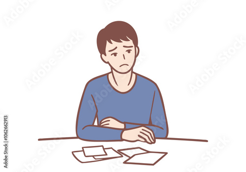 Sad man has bills to pay. Hand drawn style vector design illustrations.
