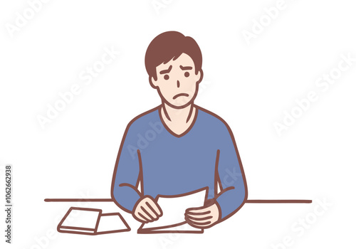 Sad man has bills to pay. Hand drawn style vector design illustrations.
