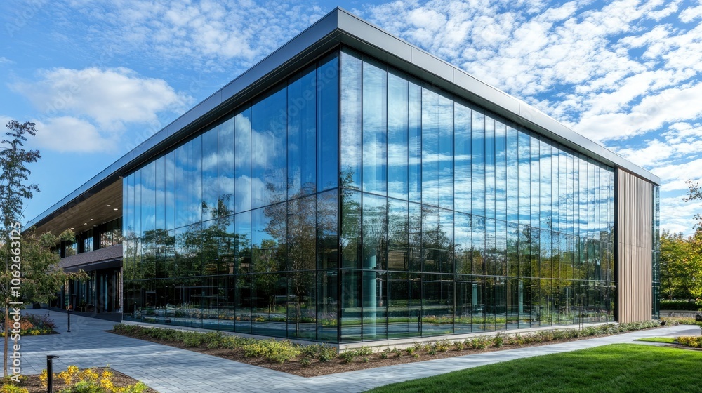 Fototapeta premium Glass panels in modern building with sky reflections