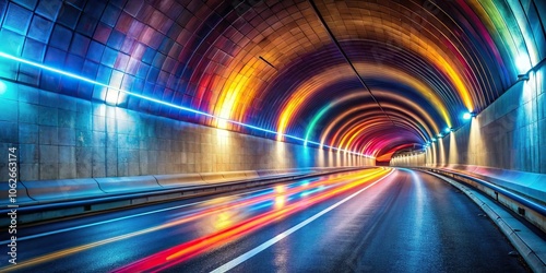 Asymmetrical abstract road tunnel with colorful light trails