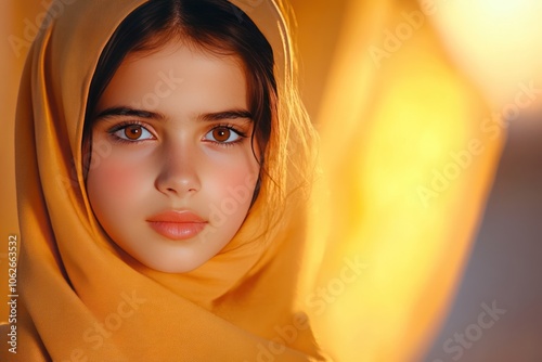 Serene Muslim Woman in Abaya Dress on Urban Street at Sunset photo