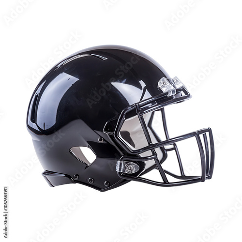 Black football helmet with a shiny finish, isolated on a white background. transparent background photo