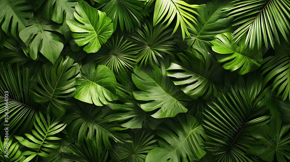 A seamless carpet with layered palm leaves and jungle foliage, vibrant and deep greens, gentle highlights creating a natural depth, tropical ambiance, with high-definition detail in each leaf pattern. A seamless carpet with layered palm leaves and jungle foliage, vibrant and deep greens, gentle highlights creating a natural depth, tropical ambiance, with high-definition detail in each leaf pattern.
